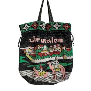 Jerusalem Cityscape Beaded Tote Bag Purse Handmade Vintage Black Double Handle